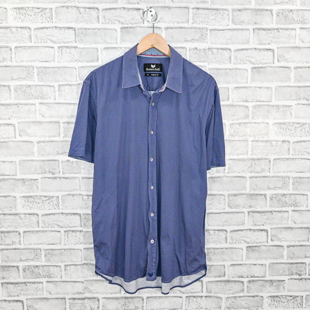 Butter Cloth Short Sleeve Button up Shirt Blue geo size Reg size XL